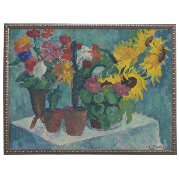 Vintage style oil art painting reproduction of Still Life by Stefan Fodor featuring cacti and flowers in pots and vases on a table.