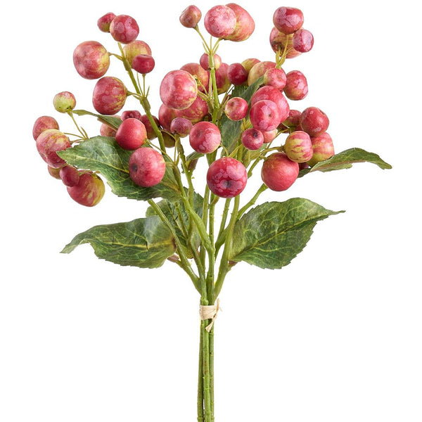 Bouquet of artificial crabapples with green leaves on a white background