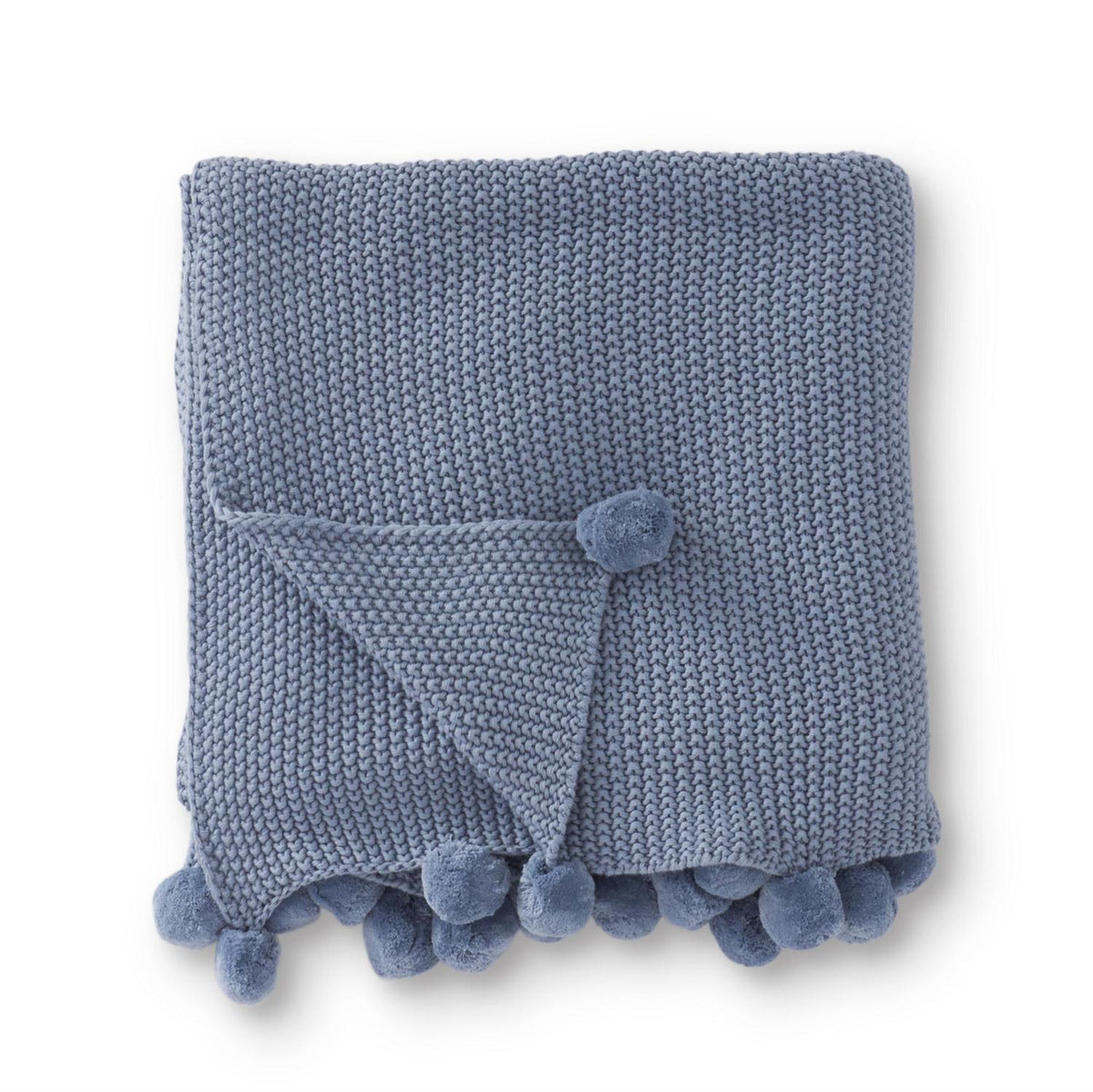 Light Blue Knit Throw Blanket w/ Pompom Trim