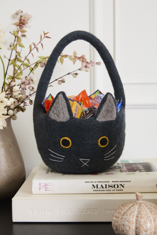 Black cat-shaped felt basket with colorful treats on top of books, against a white wall.