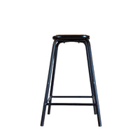 Black metal bar stool with a wooden seat.