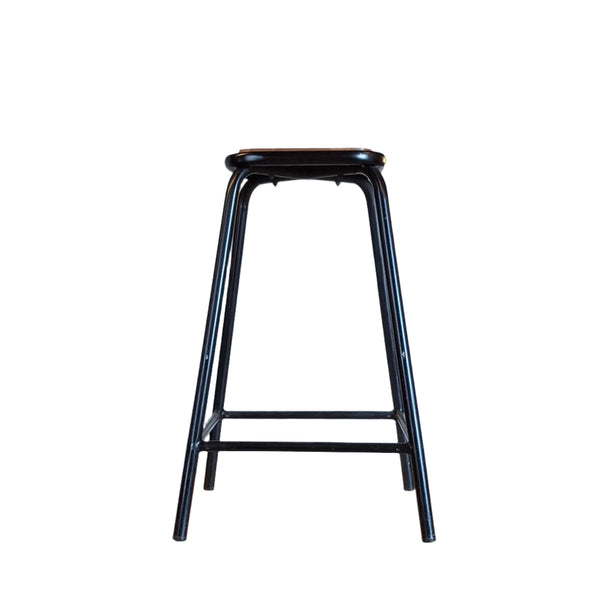 Black metal bar stool with a wooden seat.