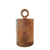 Mango wood container with a circular handle on the lid.