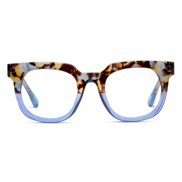 Tortoiseshell glasses with blue accents on a white background