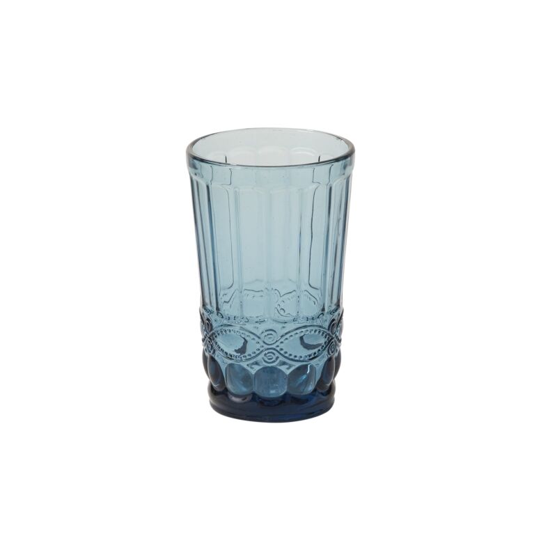 A blue glass drinkware with a textured surface design.