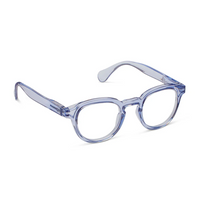 Translucent blue eyeglasses on a white background.