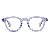 Clear blue eyeglasses on a white background