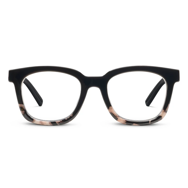 Black eyeglasses with tortoiseshell accents on a white background