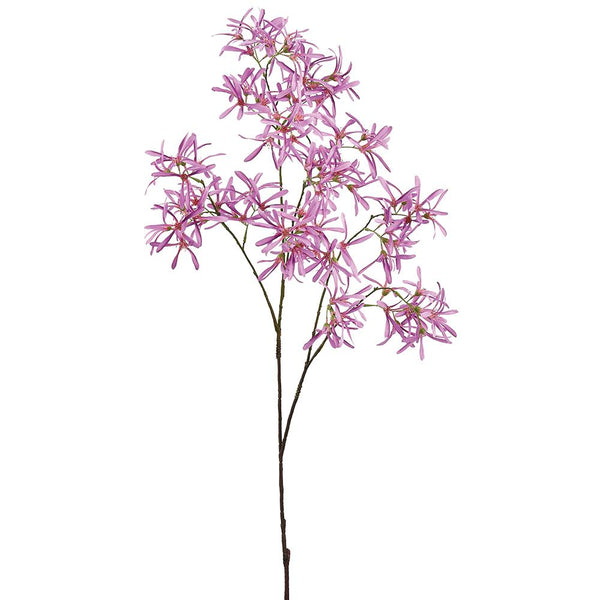 Artificial pink flower branch on a white background