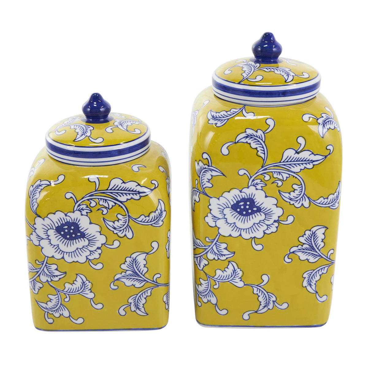 Set of 2 Ceramic Yellow Floral Decorative Jars