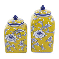 Set of 2 Ceramic Yellow Floral Decorative Jars
