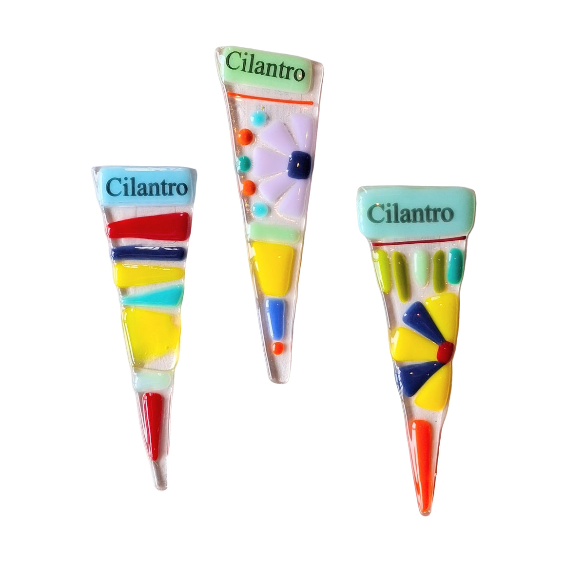 Colorful garden markers labeled 'Cilantro' on a white background