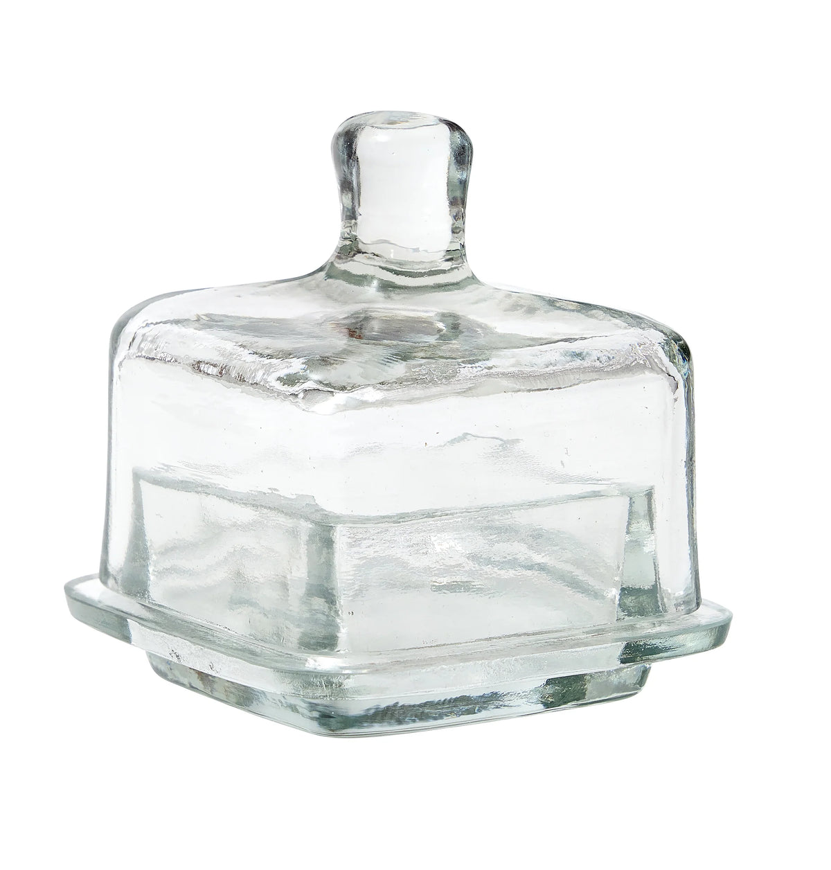 Clear square glass jam jar with lid on a white background