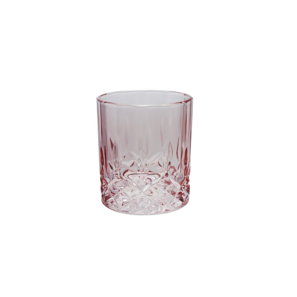 A pressed pink drinking glass with a geometric pattern.