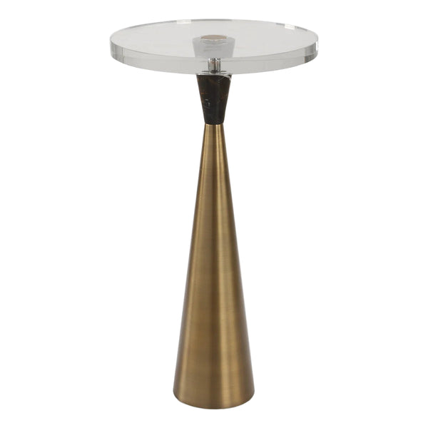 Small round glass table with a metallic base on a white background