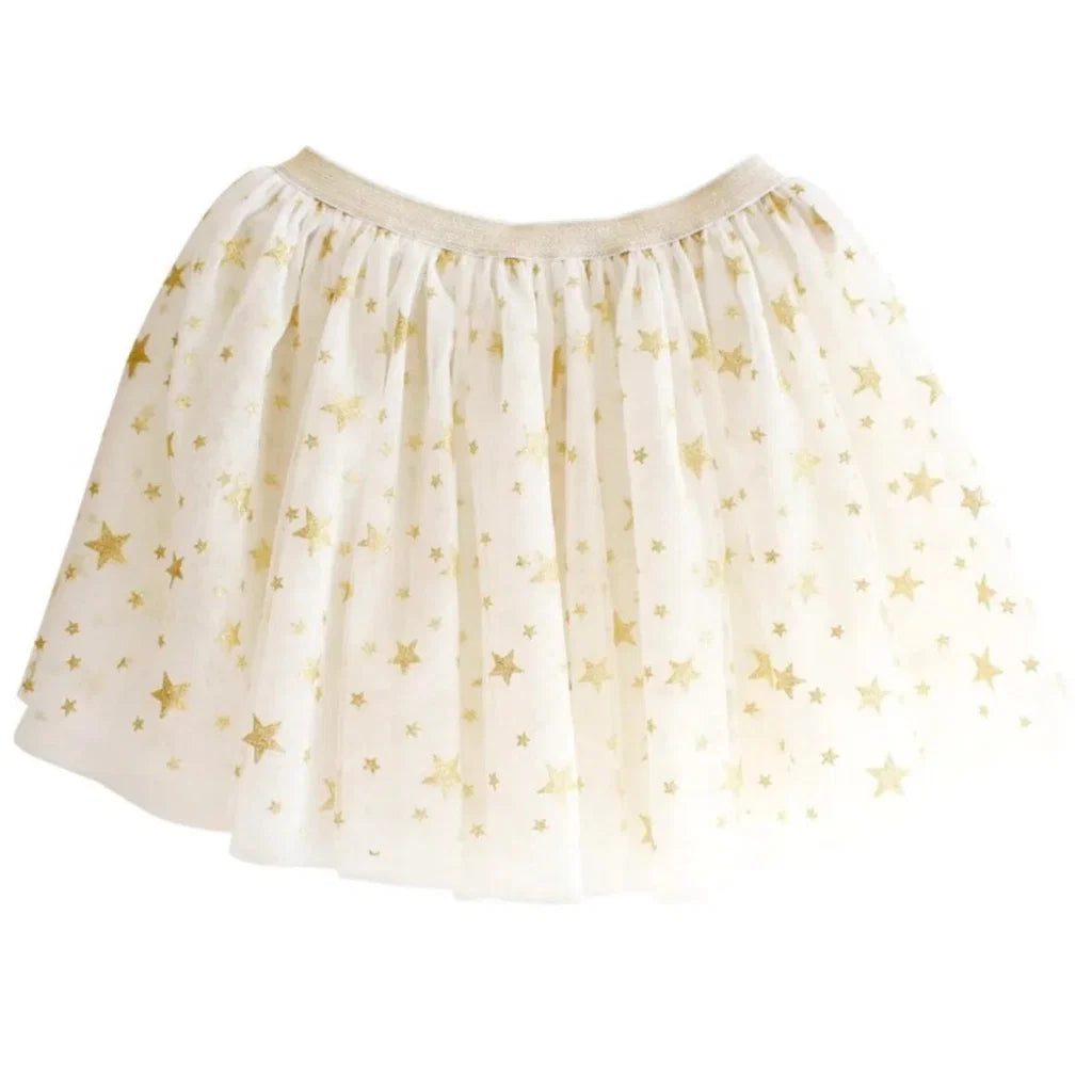 A white tulle tutu skirt with a gold star pattern, featuring a gathered waistband, shown against a plain white background.