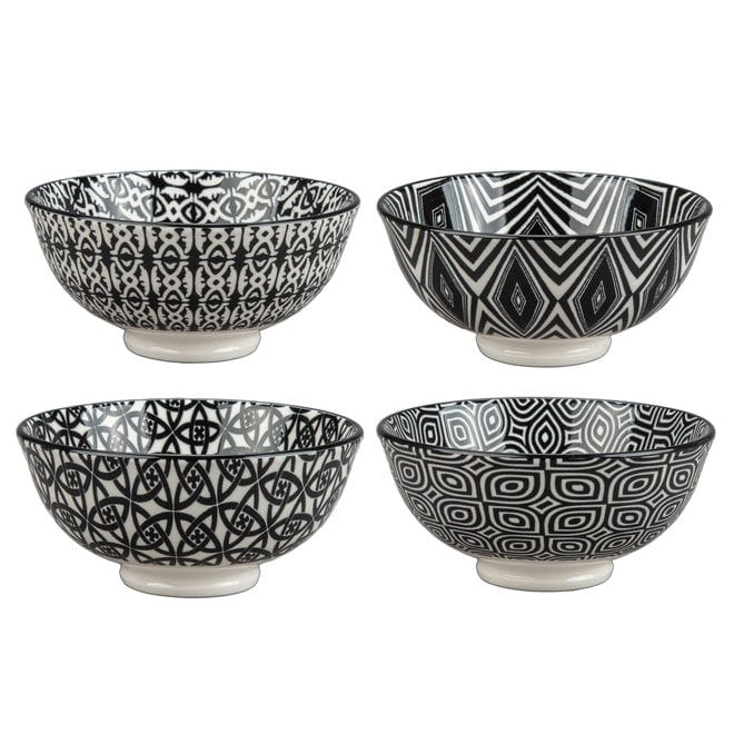 A set of three bowls with a geometric black and white pattern, on a white background.
