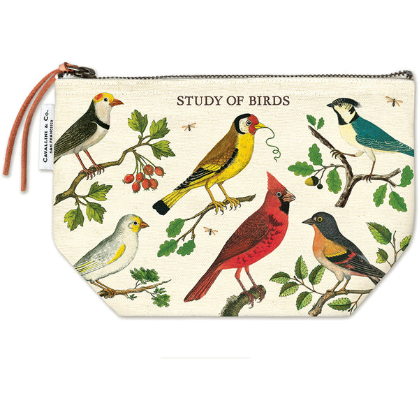 Pouch with bird illustrations and 'Study of Birds' text on a white background