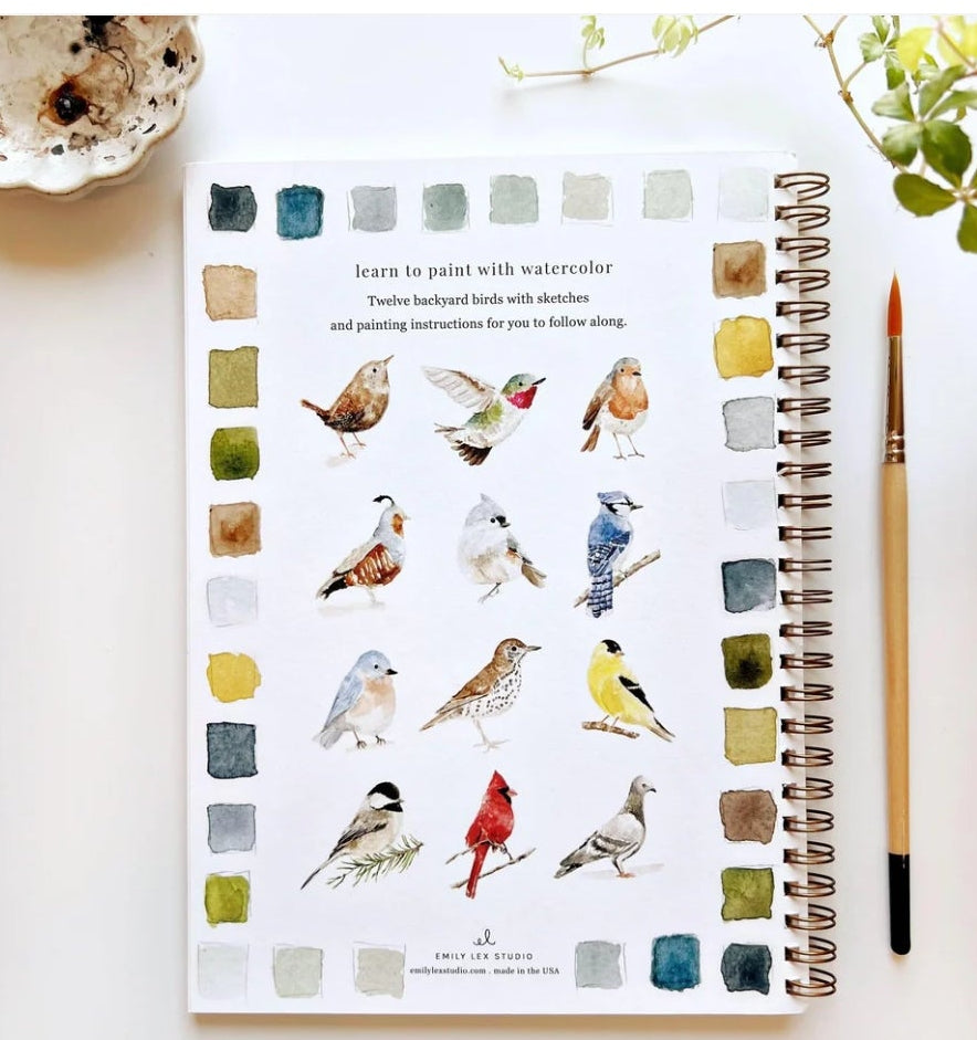 Notebook with watercolor illustrations of birds and color swatches on a white surface.