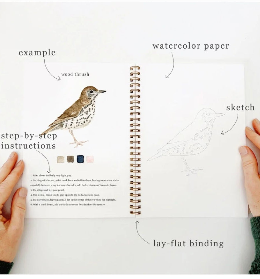 Open notebook with illustrations and text on watercolor paper, step-by-step instructions, and lay-flat binding.