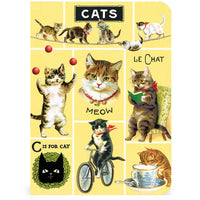 Illustrated notebook cover with various cats in different poses on a yellow background