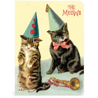 A notebook featuring two cats wearing party hats with 'The Meows' text on a yellow background