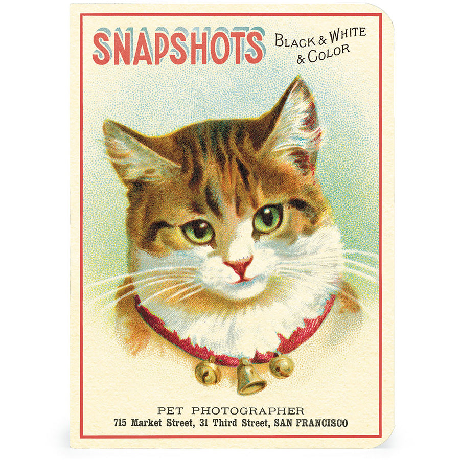 Notebook with vintage-style art with a cat wearing a red collar and text about pet photography.