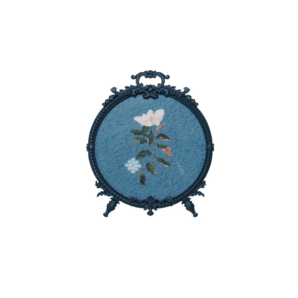 Round Pewter Antique Inspired Frame with Hand Painted Flower