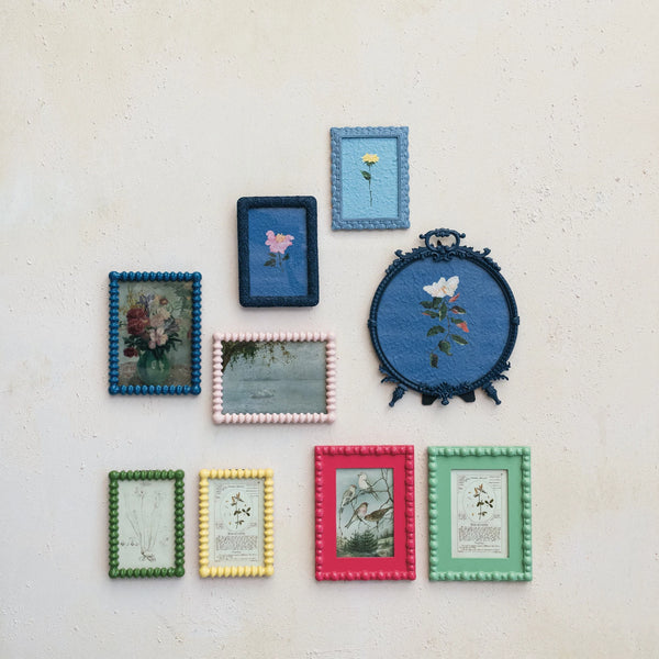 Round Pewter Antique Inspired Frame with Hand Painted Flower