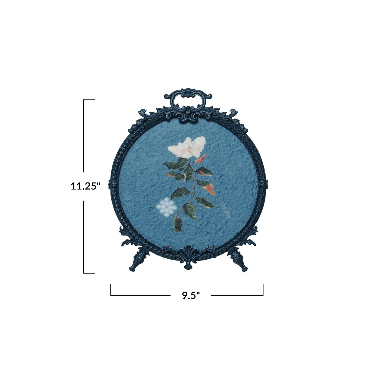 Round Pewter Antique Inspired Frame with Hand Painted Flower