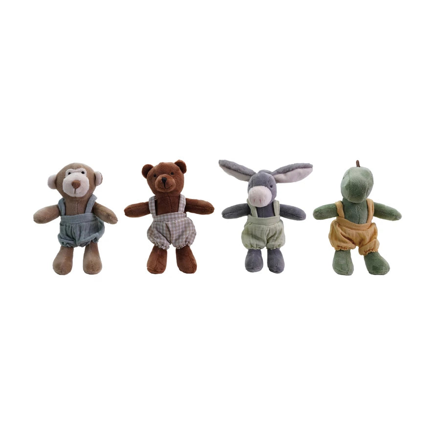 Plush Animal Stuffie in Cotton Overalls