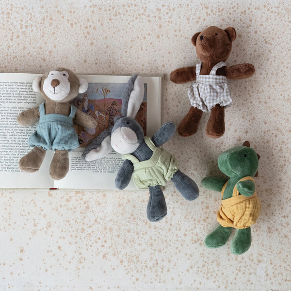 Plush Animal Stuffie in Cotton Overalls