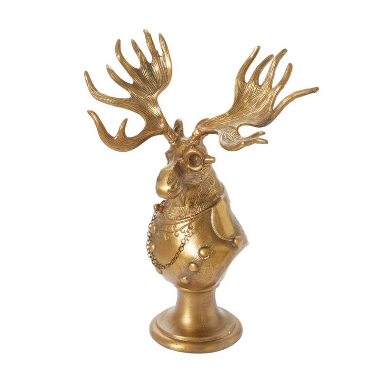 Antiqued gold moose bust statue with a monocle on a white background.