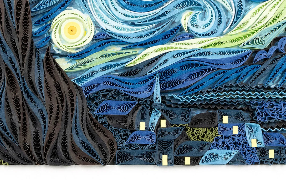 Quilled artwork of 'The Starry Night' by Vincent van Gogh with intricate paper folds.