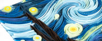 Close-up of a paper quilling 'Starry Night' art piece with blue, brown, and white colors.