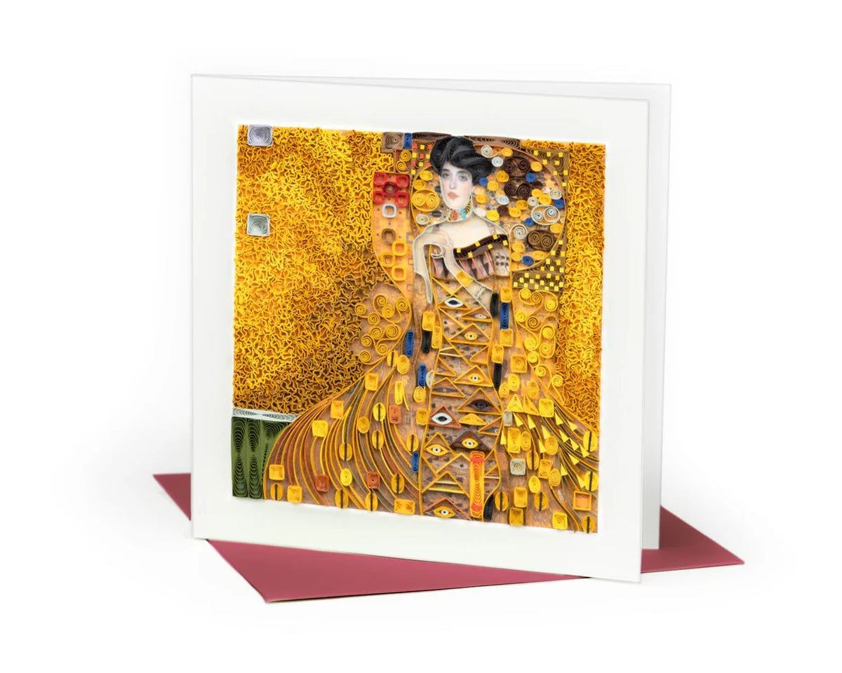Greeting card with a design inspired by Gustav Klimt's 'The Lady in Gold' on a white background.