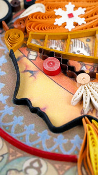 Closeup of quilled greeting card featuring Alphonse Mucha's 1896 lithograph 'Zodiac'