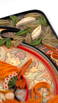 Closeup of quilled greeting card featuring Alphonse Mucha's 1896 lithograph 'Zodiac'