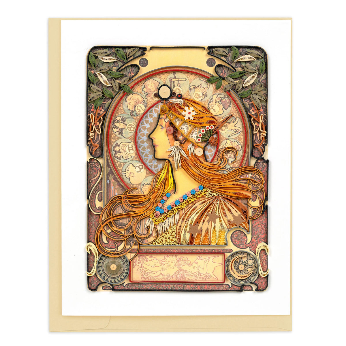 Decorative quilled greeting card with a stylized illustration of a woman's face and long hair, surrounded by decorative elements on a white background.