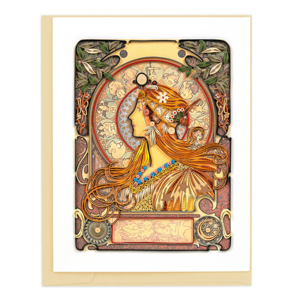 Decorative quilled greeting card with a stylized illustration of a woman's face and long hair, surrounded by decorative elements on a white background.