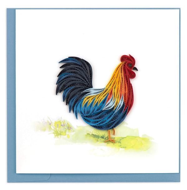 Greeting card featuring a quilled rooster design with a blue envelope on a white background.