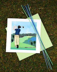 Greeting card with a quilled golf illustration on grass