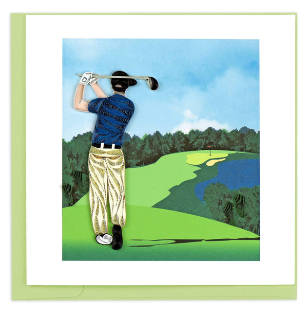 Quilled greeting card with a golfer on a green golf course