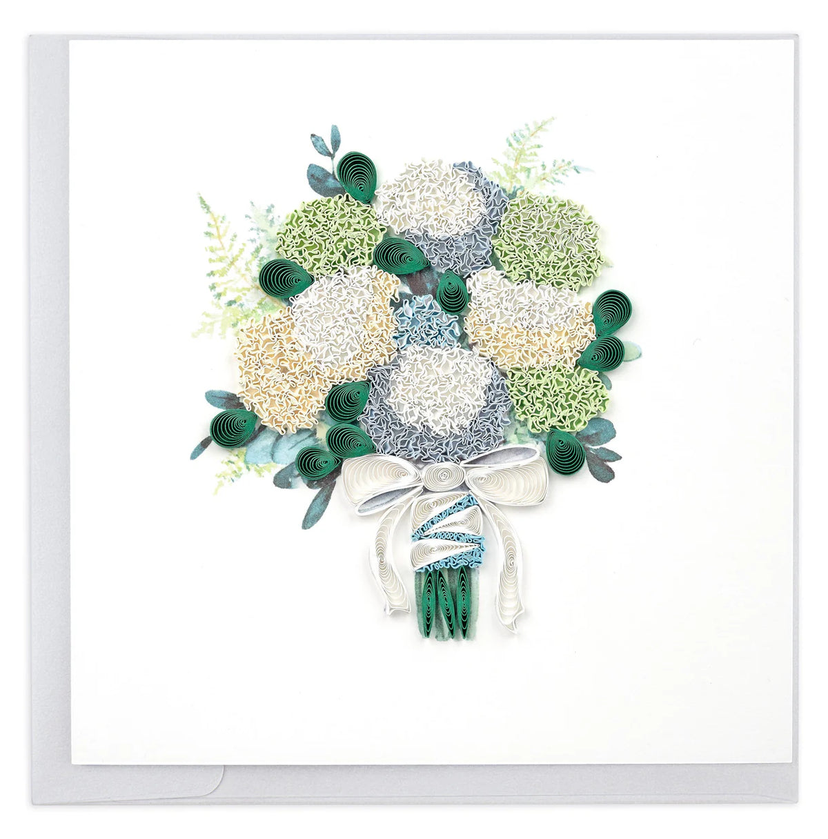 Quilled greeting card featuring a hydrangea wedding bouquet.