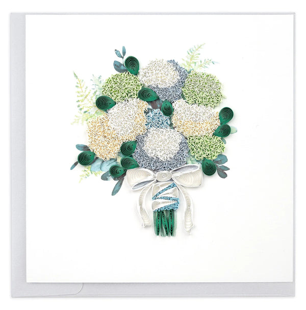 Quilled greeting card featuring a hydrangea wedding bouquet.