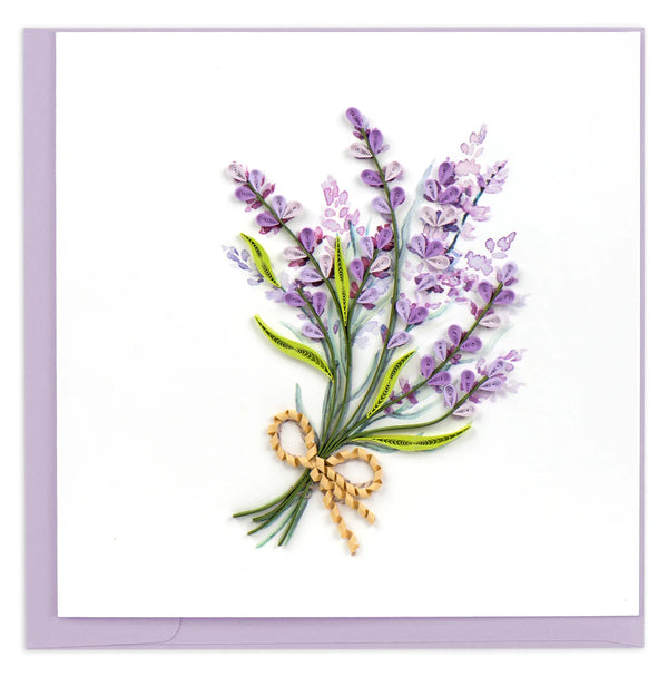 Greeting card with a bouquet of lavender flowers and a gold bow on a white background