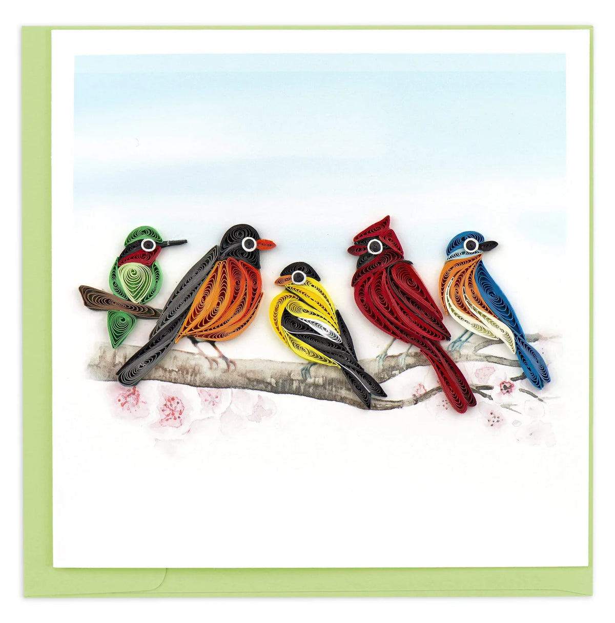 Colorful greeting card featuring quilled birds on a branch on a green envelope on a white background.