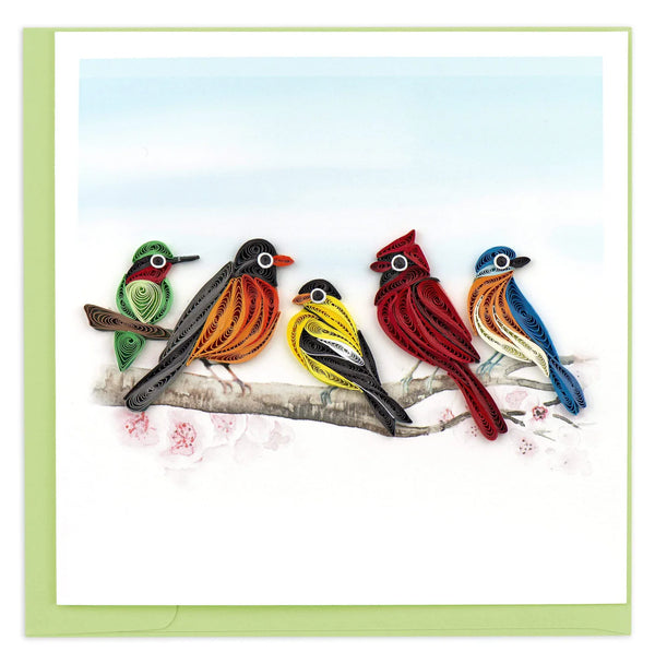 Colorful greeting card featuring quilled birds on a branch on a green envelope on a white background.