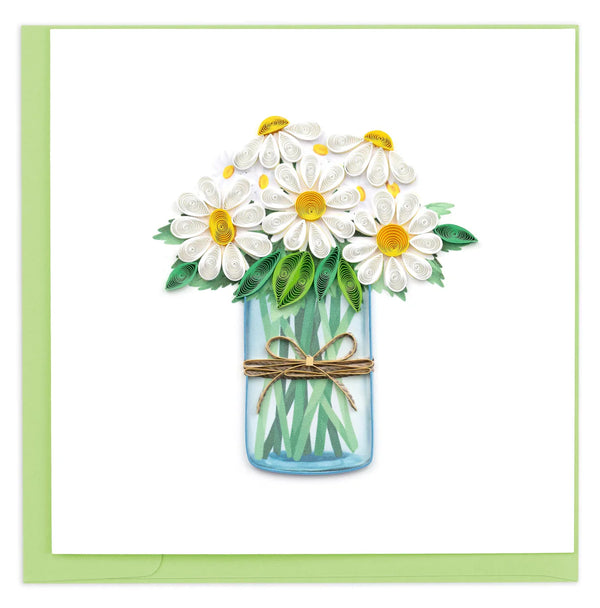 Card with a quilled design of daisies in a jar on a white background