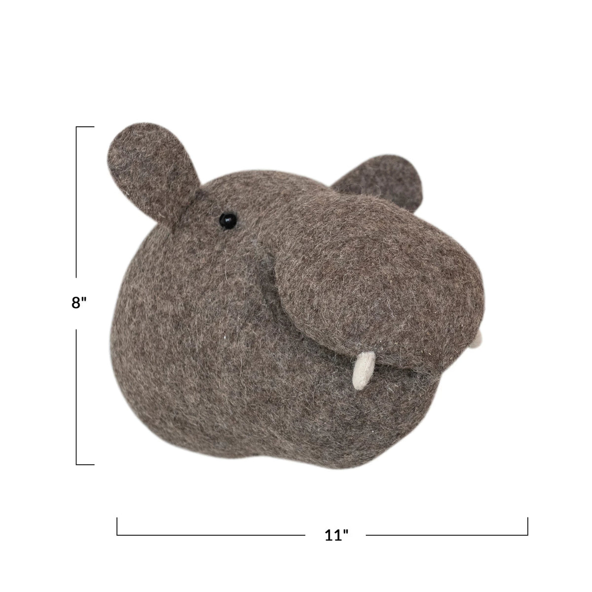 Hippo-shaped felt head with dimensions on a white background